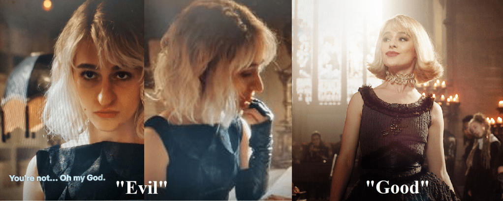 image is three shots of Sophie, played by Sophia Anne Caruso. The first two have a prosthetic nose and are labeled "Evil" with the third labeled "Good" and lacking the prosthetic nose.